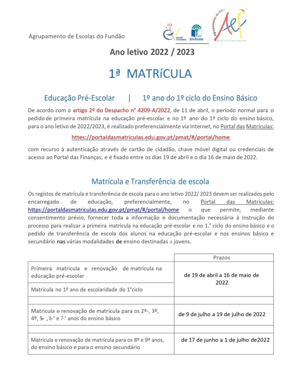 MATRÍCULAS | EDUCAÇÃO PRÉ-ESCOLAR E 1.º CICLO DO ENSINO BÁSICO