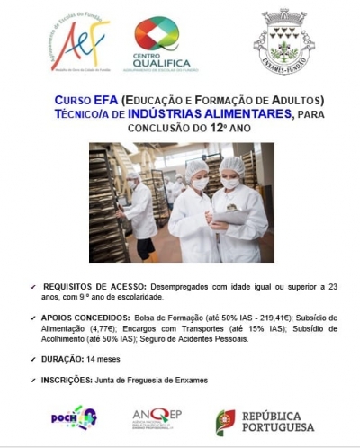 CURSO DE EDUCAÇÃO E FORMAÇÃO DE ADULTOS - Técnico/a de Indústrias Alimentares