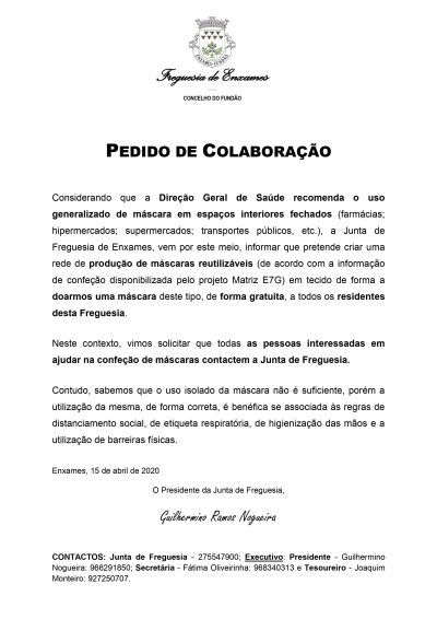 PEDIDO DE COLABORAÇÃO | CONFEÇÃO DE MÁSCARAS REUTILIZÁVEIS